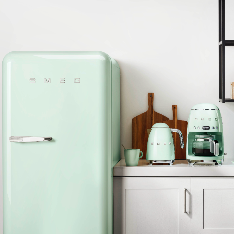 SMEG refrigerator, kettle, and coffee machine