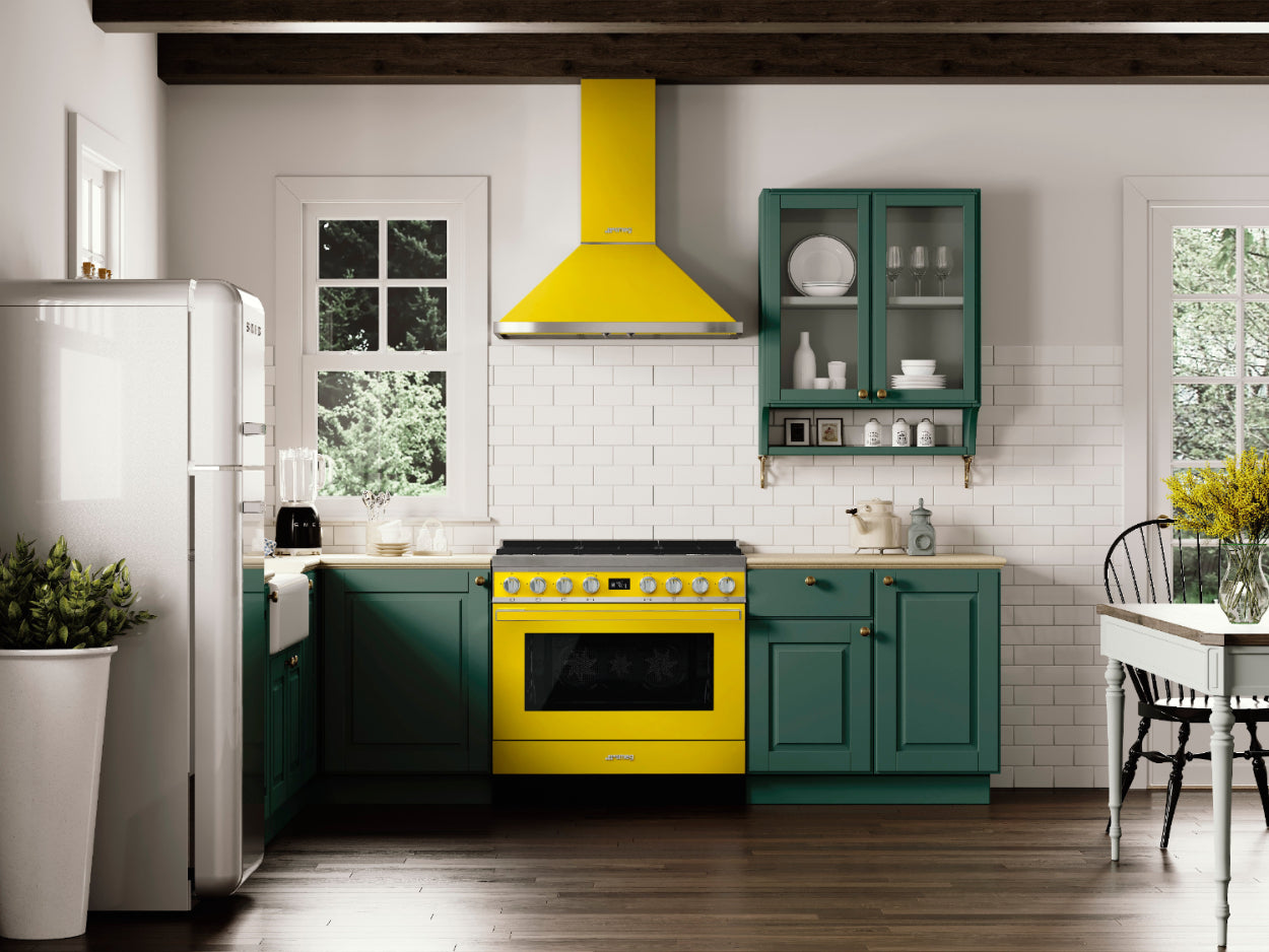 SMEG yellow range hood and range cooker